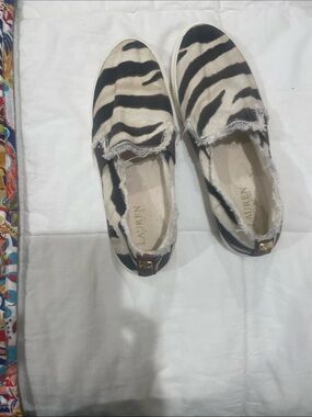Ralph Lauren Zebra-Stripe Slip-On Sneakers in Black & Cream